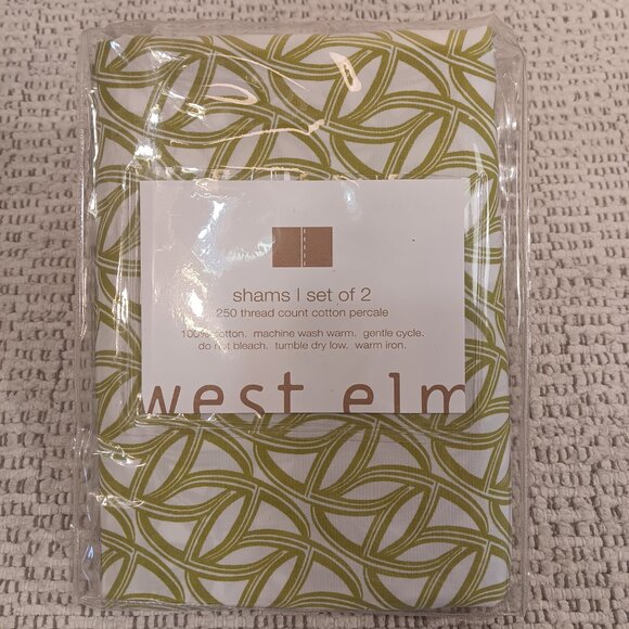 West Elm set of 2 standard size pillow shams cases green and white cotton NEW - Picture 2 of 9